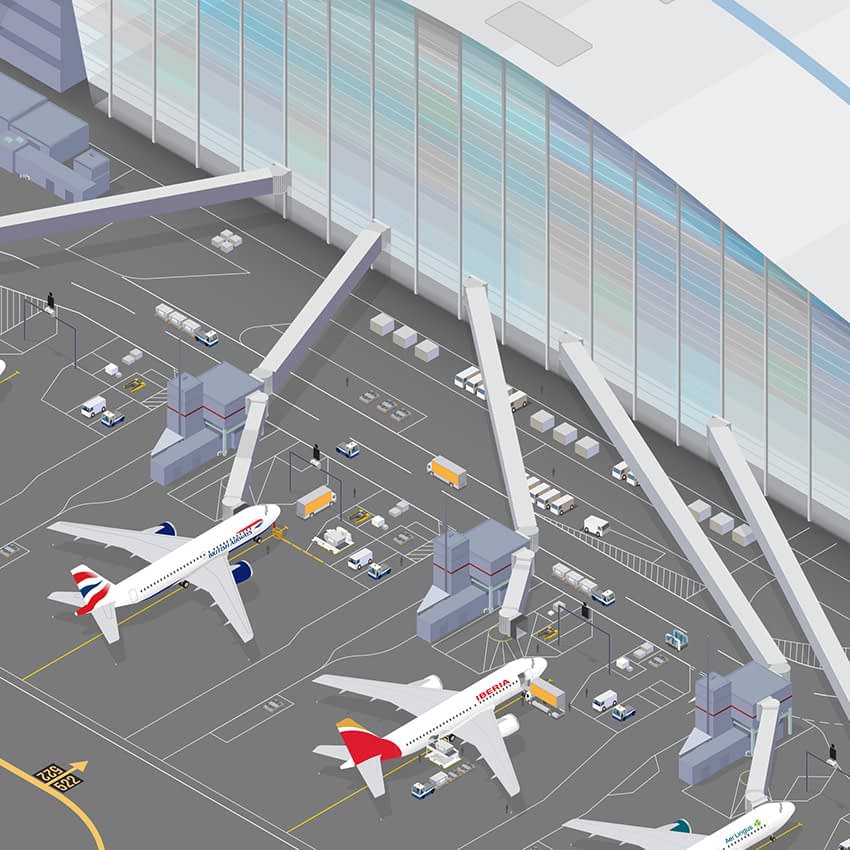 isometric illustration of planes at Heathrow T5