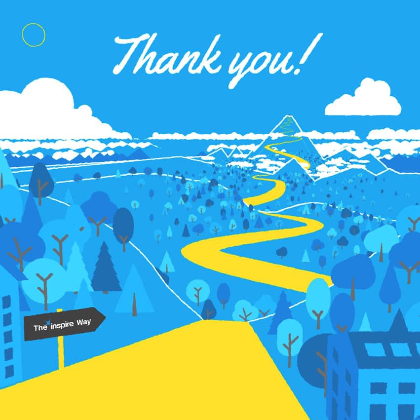 Thank you! above a winding yellow path through a blue valley